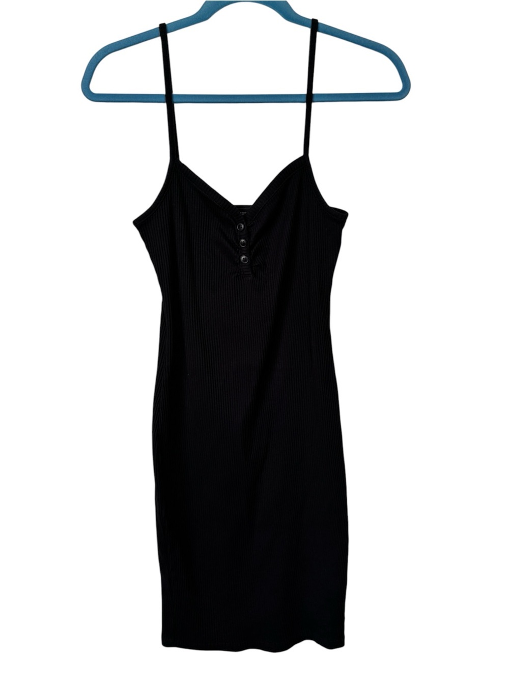 Black Ribbed Spaghetti Strap Button-Front Midi Dress